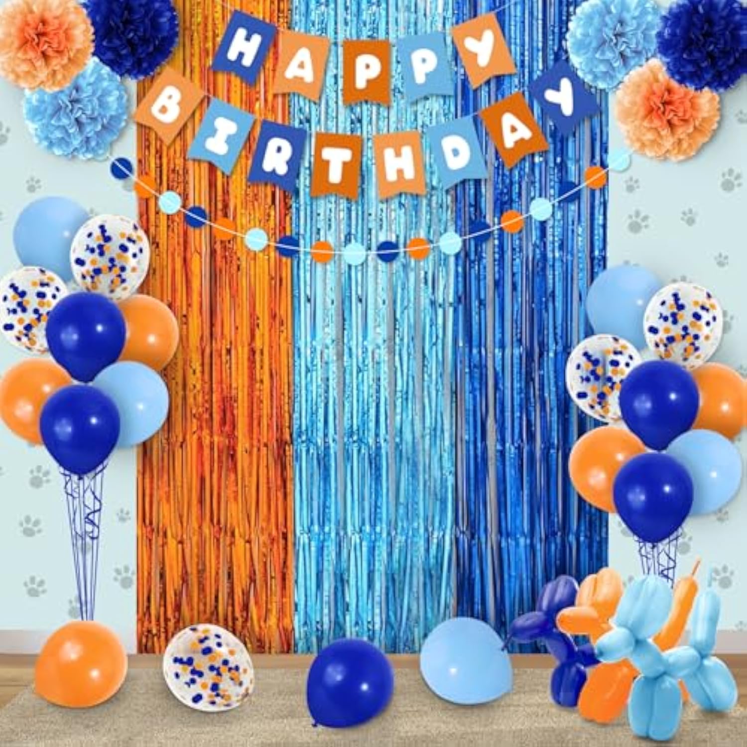 Boho Blue Boy Birthday Set: Banner, Balloons, Fringe & Pom Poms