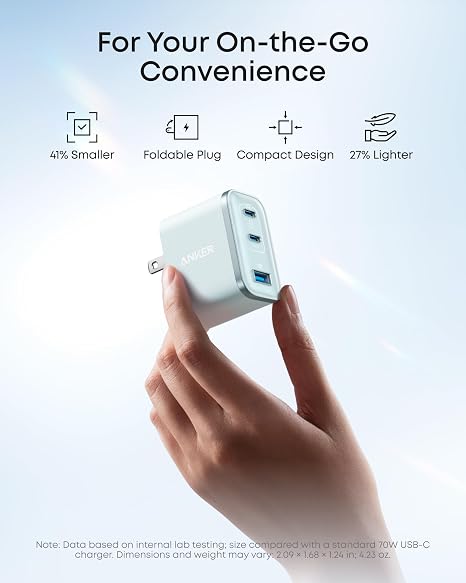 70W 3 Port USB C Fast Charger Block Compact Wall Charger with Cable Black