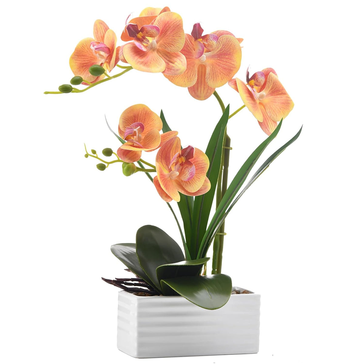 Artificial Real Touch Orchid Flowers In Pot Fake Phalaenopsis Flower With White Ceramic Vase Faux Orchids Arrangement For Home Table Office Wedding Party Decoration (Orange)