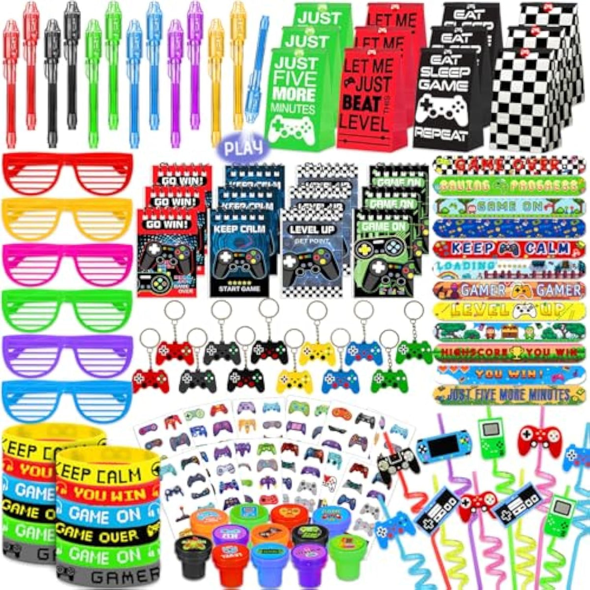120 Pcs Video Game Party Favors, Gamer Gaming Party Favors - Glasses Invisible Ink Pens Notebooks Drinking Straws Stamps Tattoo Stickers Gift Bags For Game On Birthday Parties Favor Supplies