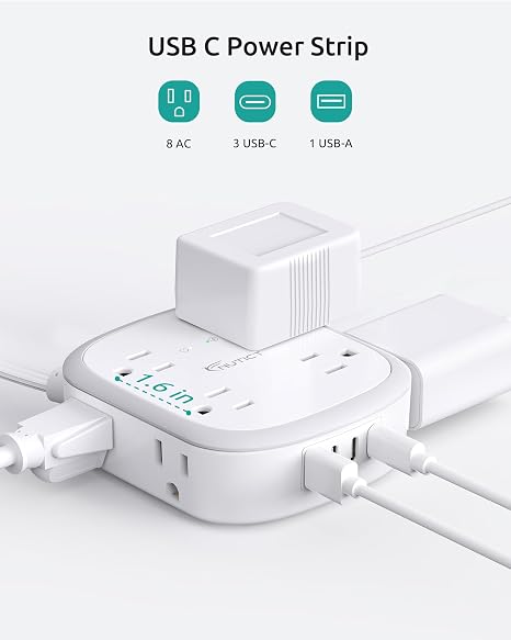 Outlet Cover Extension Cord 8 Outlets 4 USB Ports 3 USB C 6FT Flat Plug Surge Protector White