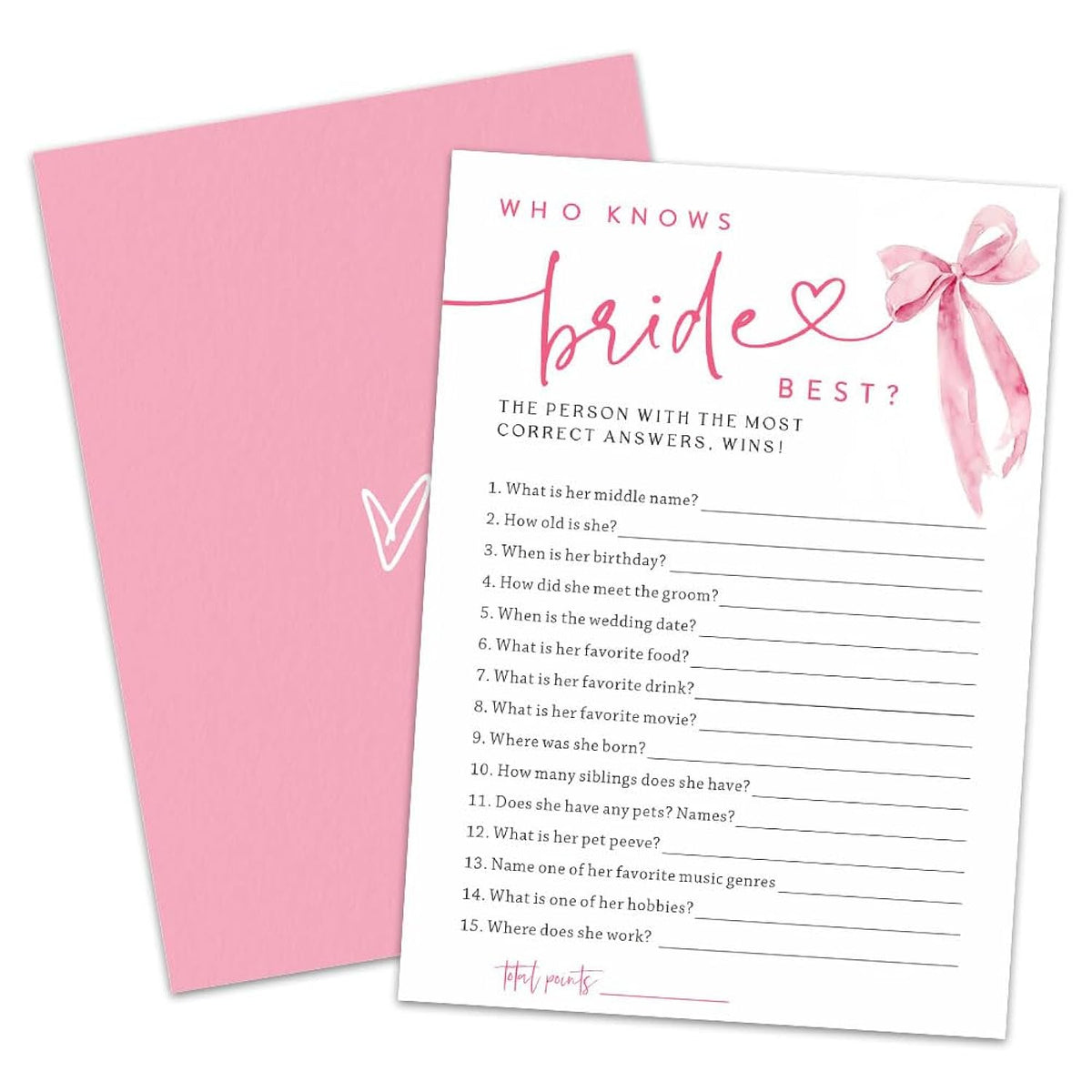 30 Pcs Who Knows Bride Best Blush Bow Game Cards Set, Wedding Engagement Game Cards, Bridal Shower Double-Sided Fill In Style Game Cards For Newlyweds, Party Game & Activities - B06