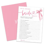 30 Pcs Who Knows Bride Best Blush Bow Game Cards Set, Wedding Engagement Game Cards, Bridal Shower Double-Sided Fill In Style Game Cards For Newlyweds, Party Game & Activities - B06