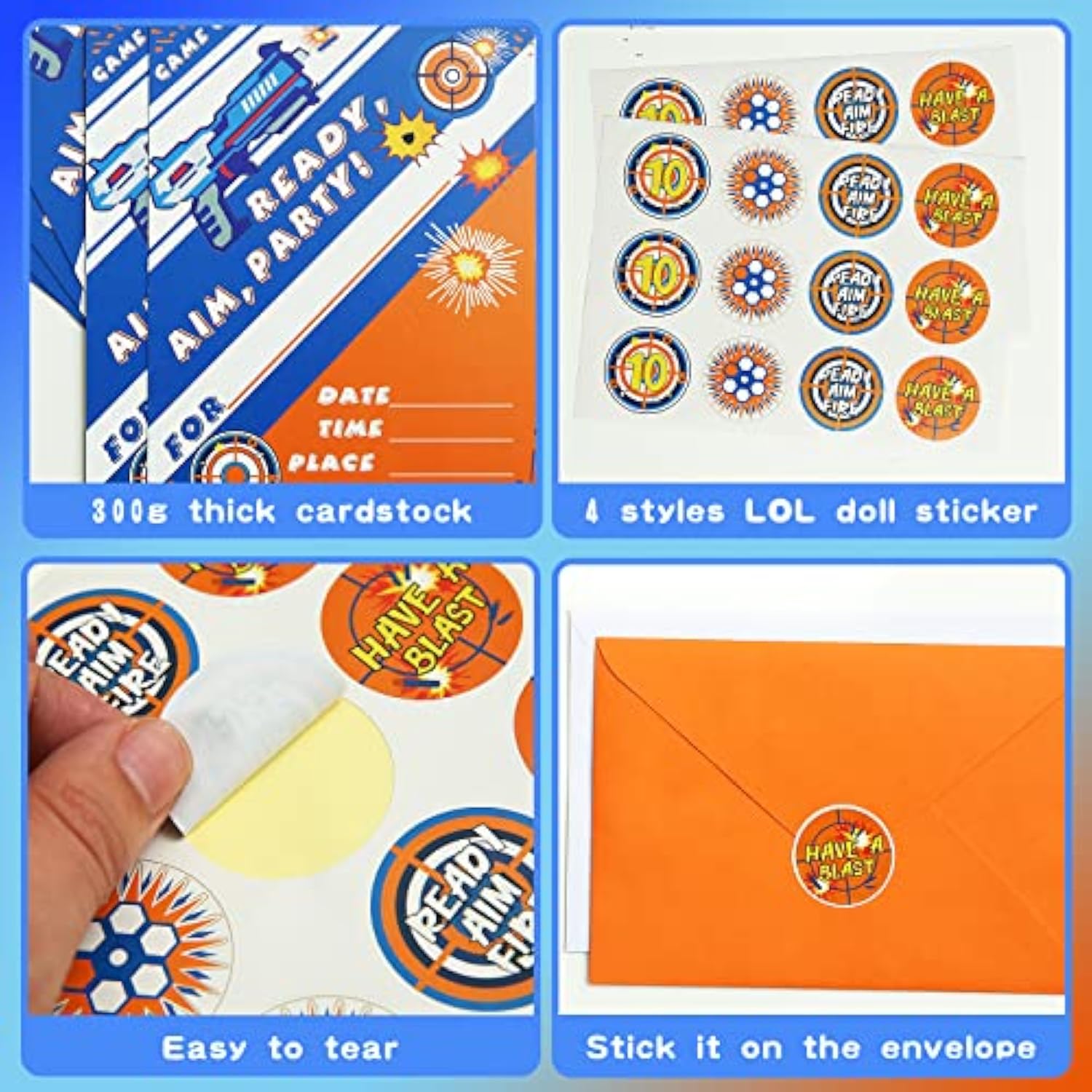 24 Pack Dart War Birthday Invitations Nerf Dart War Gun Party Invitation Cards, 24 Pack Dart War Sticker Labels, 24 Envelopes Dart War Nerf Party Supplies For Boys Kids Birthday Party