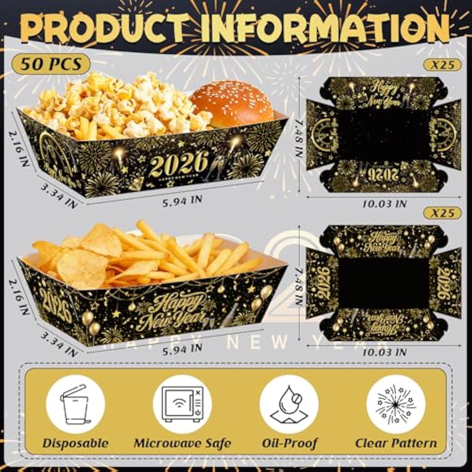 50 Pcs Black Gold New Year Eve Food Trays 5.94x3.34x2.16in Disposable