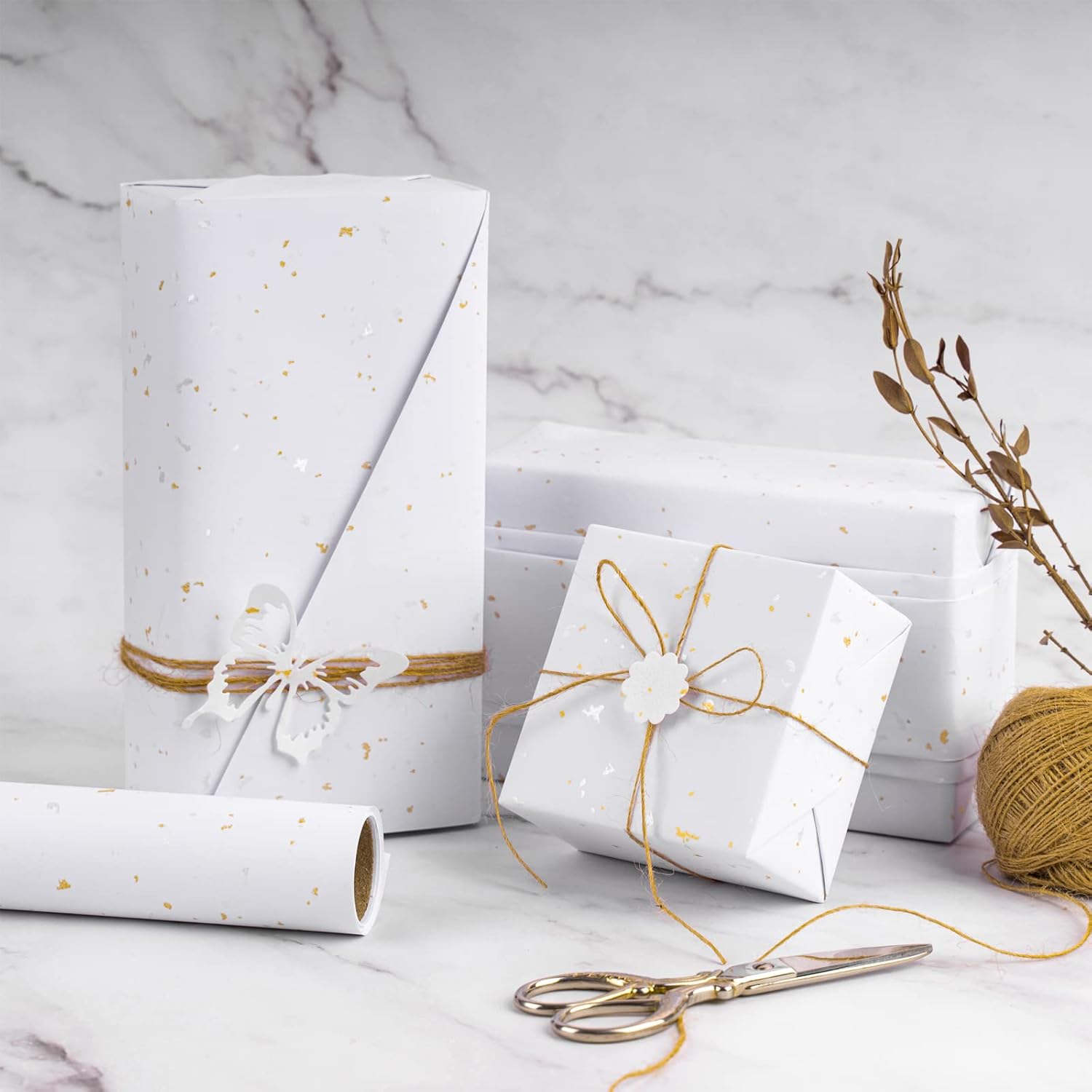 White Wrapping Paper Roll - Mini Roll - 17 Inch X 16.5 Feet - White Gold Design With Silky Touch Perfect For Birthday, Wedding, Baby Shower, Holiday