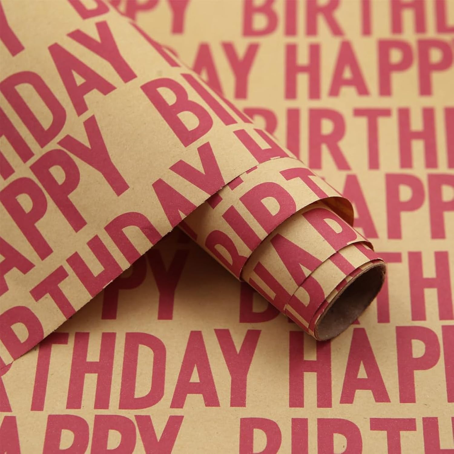 Minimal Raspberry Red Large Happy Birthday Repeating Script Wrapping Paper For Men Women Boys Girls Kids- 1 Mini Roll 17 X 10 Ft Per Roll 14.1 Sq.Ft.Ttl - Brown Recycled Kraft Gift Wrap For Baby Shower Daddy Men All Birthday Occasions