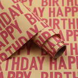 Minimal Raspberry Red Large Happy Birthday Repeating Script Wrapping Paper For Men Women Boys Girls Kids- 1 Mini Roll 17 X 10 Ft Per Roll 14.1 Sq.Ft.Ttl - Brown Recycled Kraft Gift Wrap For Baby Shower Daddy Men All Birthday Occasions