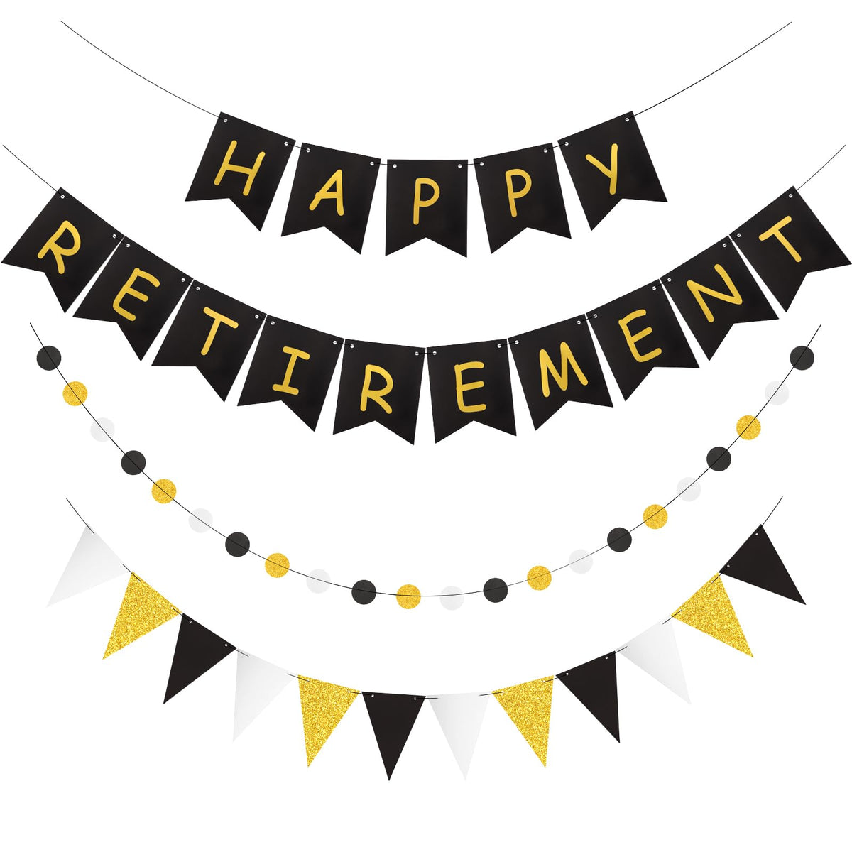 Happy Retirement Banner, Black and Gold Retirement Party Pennant Banner Docorations for Office Farewell Party Men Women