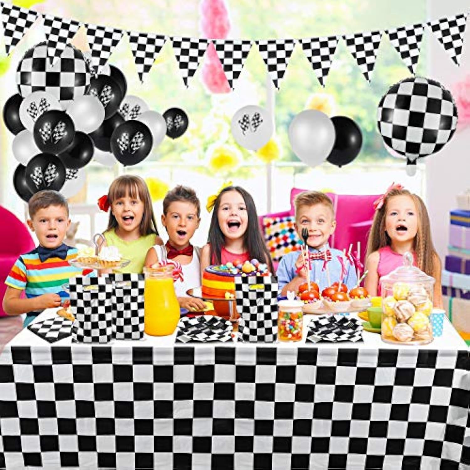 127 Pcs Race Car Checkered Party Kit with Banner, Balloons, Tableware for 20 Guests