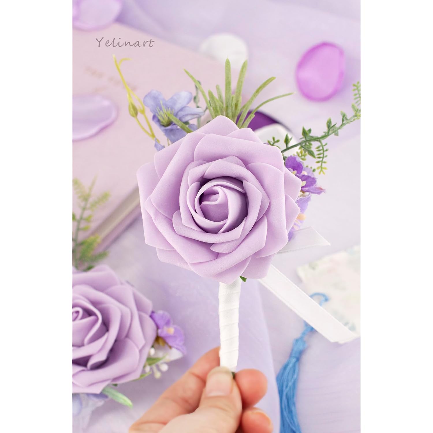 Lilac Purple Wrist Corsage And Boutonniere Set For Wedding Prom Homecoming Artificial Rose Flowers Men Groom Groomsmen Boutonniere And Women Gril Bridesmaids Wristlet Bracelet Suit Decor