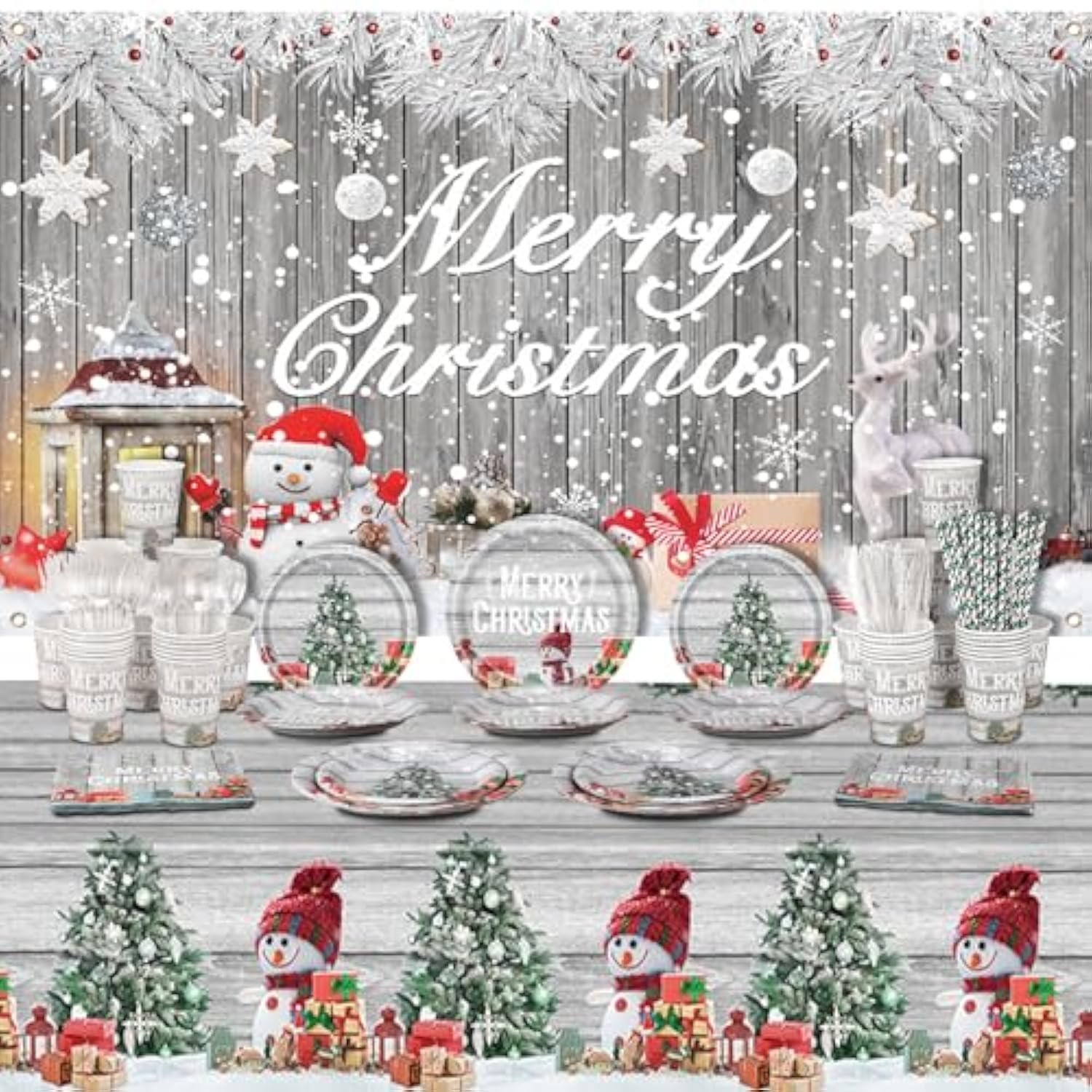 195Pcs Silver Christmas Party Supplies Decorations Christmas Tableware Set Kit Includes Xmas Paper Plates And Napkins Sets Glitter Merry Xmas Disposable Dinnerware Tablecloth Banner Backdrop Serve 24