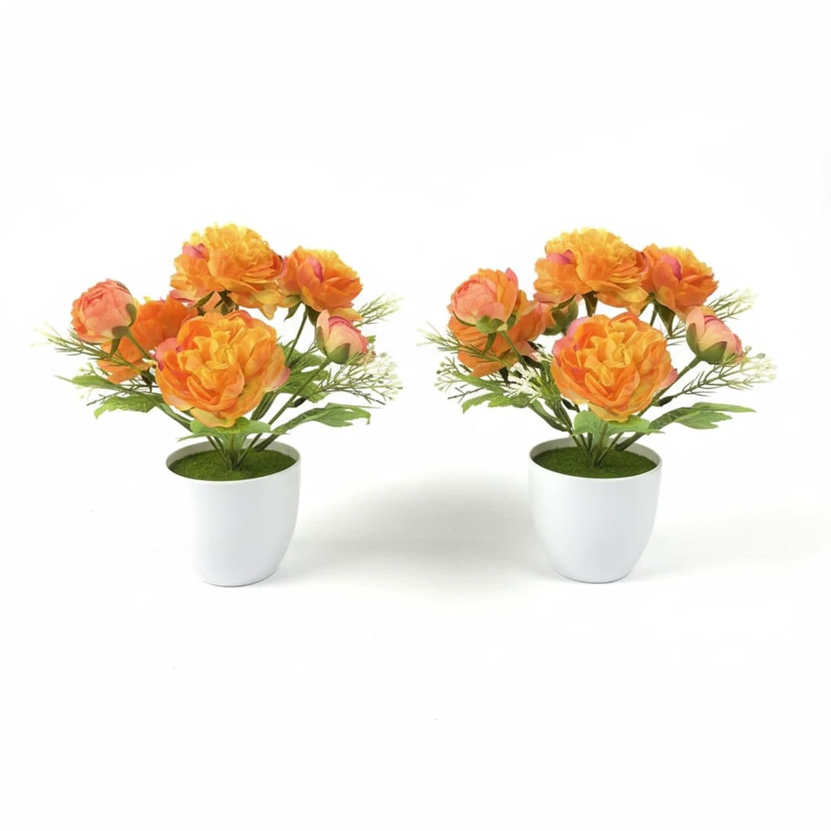 2 Packs Small Fake Potted Flowers Artificial, Orange Artificial Ranunculus Flowers For Home Indoor Wedding Office Dinning Living Room Bathroom Coffee Table Winter Spring Decor