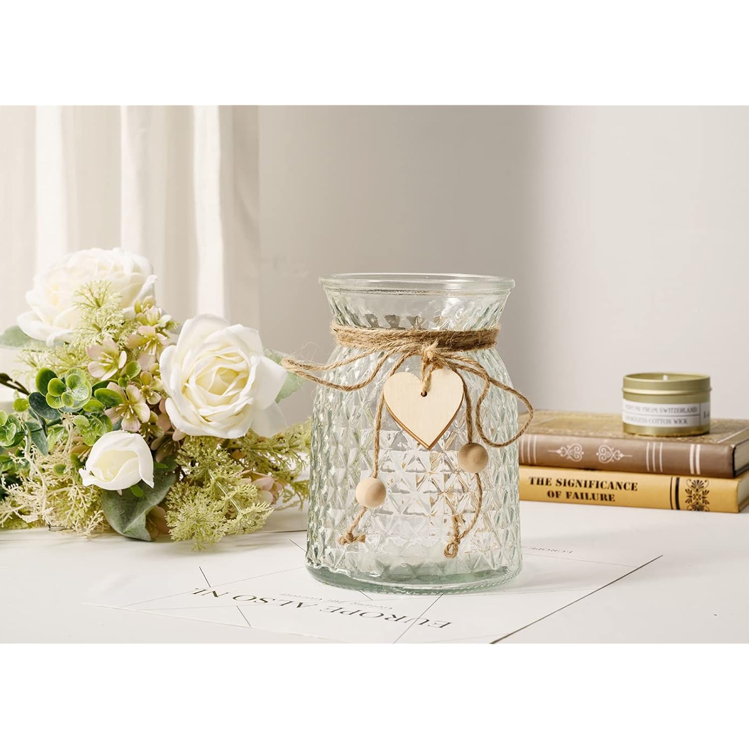 Fake Flowers With Vase, Silk Roses Artificial Flowers In Vase, Faux Flower Plant Arrangement Suitable For Home Office Decoration, Dining Table Centerpiece(White)