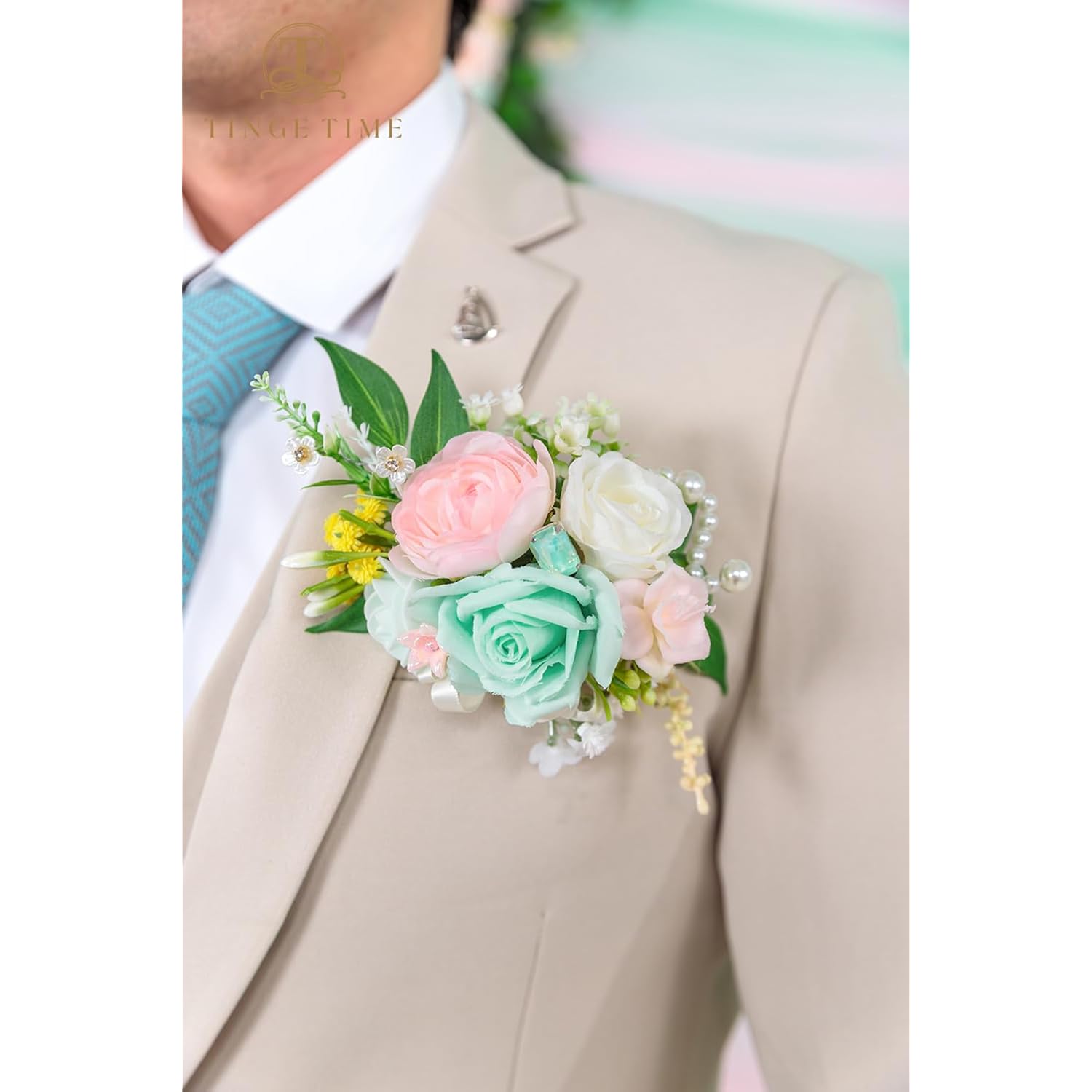 Luxury Groom Boutonniere For Wedding, 1 Pcs Pocket Boutonniere For Men, Artificial Corsage For Wedding, Prom, Homecoming, Anniversary, Graduation, Christmas Dinner (Mintgreen&Pink)