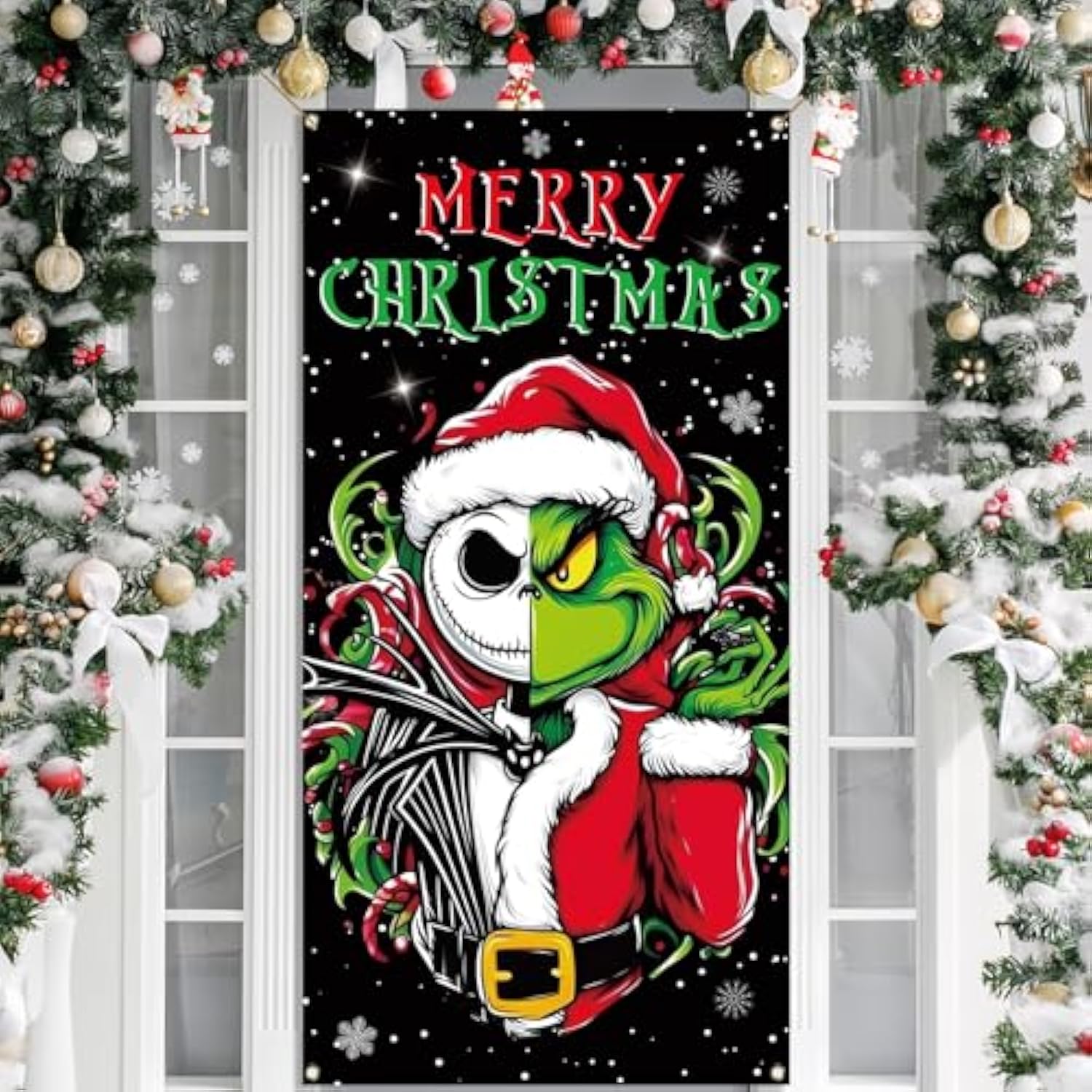 Merry Christmas Door Cover Jack Skellington Halloween Decoration Front Porch Banner Decor