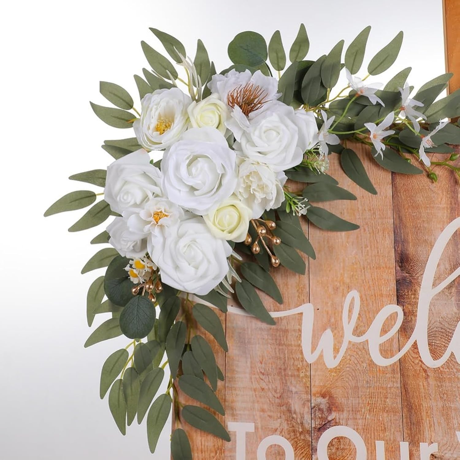 White Artificial Rose Flower Swag (Set Of 2) Floral Swag Flower Arrangement Wedding Arch Welcome Sign Ceremony Anniversary Birthday Party Bridal Shower Backdrop Home Decoration White