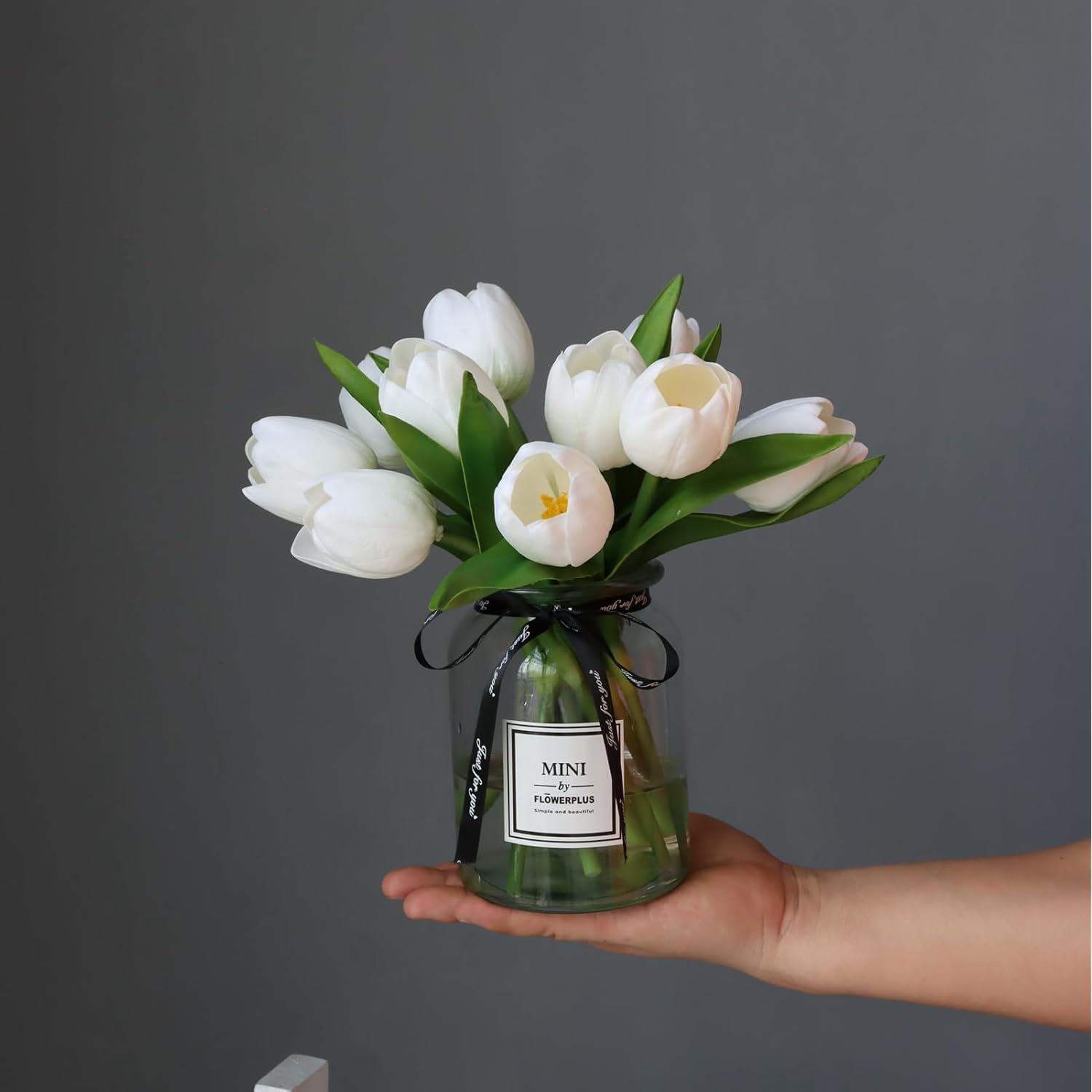 10Pcs Fake Faux Tulips In Vase,Silk White Tulipanes Tulips Artificial Flowers Real Touch Arrangements With Vase For Desk Table Decoration Home Decor