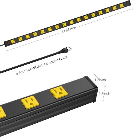 Heavy Duty Metal Power Strip 16 Outlets 6FT Extension Cord 15A 1875W Wall Mount Yellow