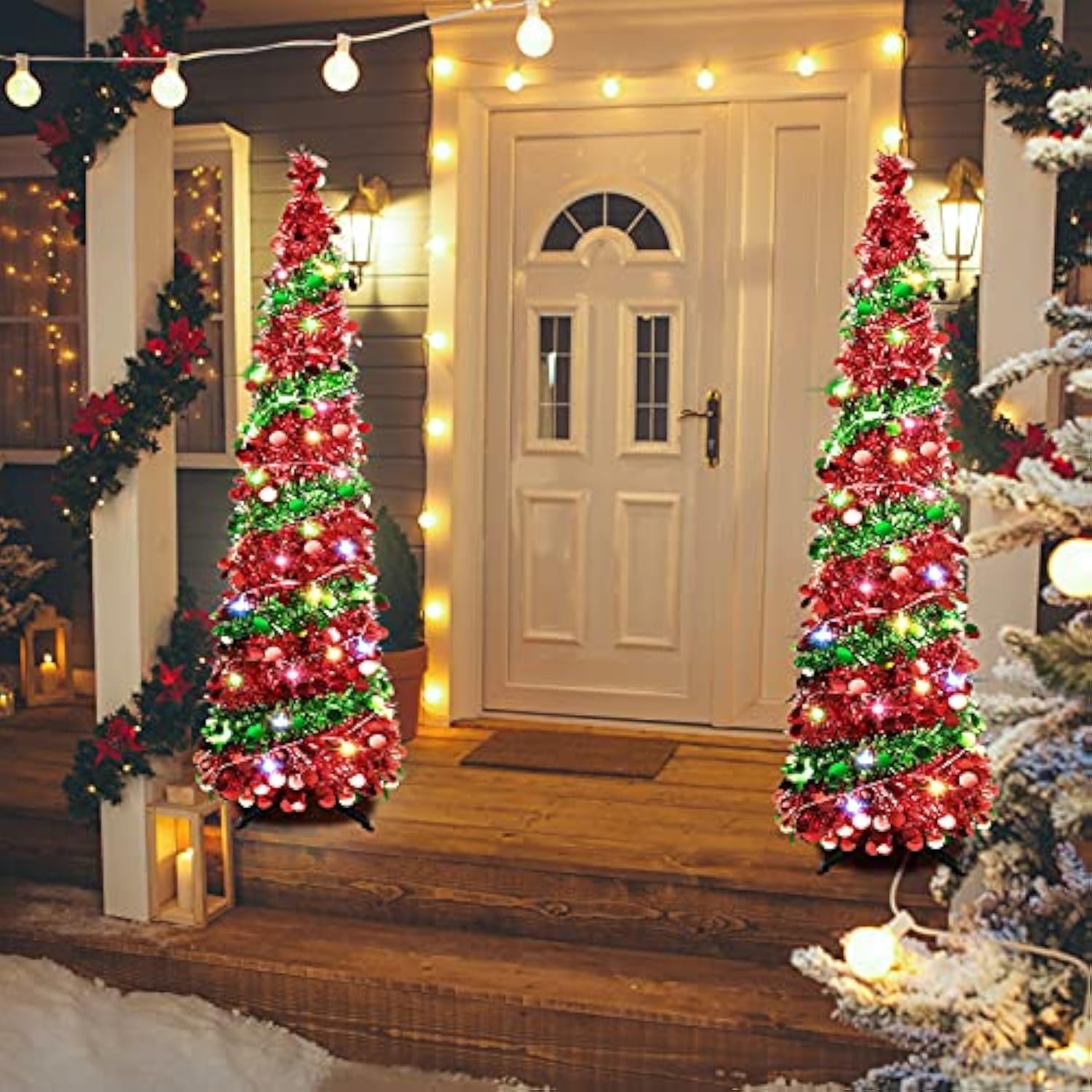 5 Ft Collapsible Sequin Pop Up Christmas Tree With 90 Led Lights, Skinny Pencil Tinsel Xmas Tree With Stand For Apartments