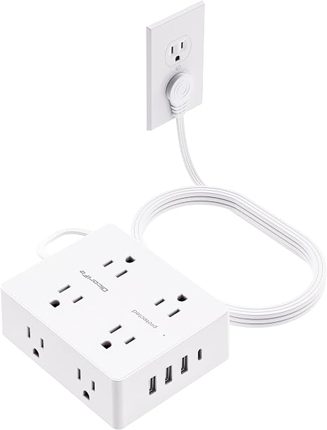Flat Plug Power Strip 8 Outlets 4 USB Ports 1 USB C 10FT Extension Cord 3 Sided Outlet Extender White