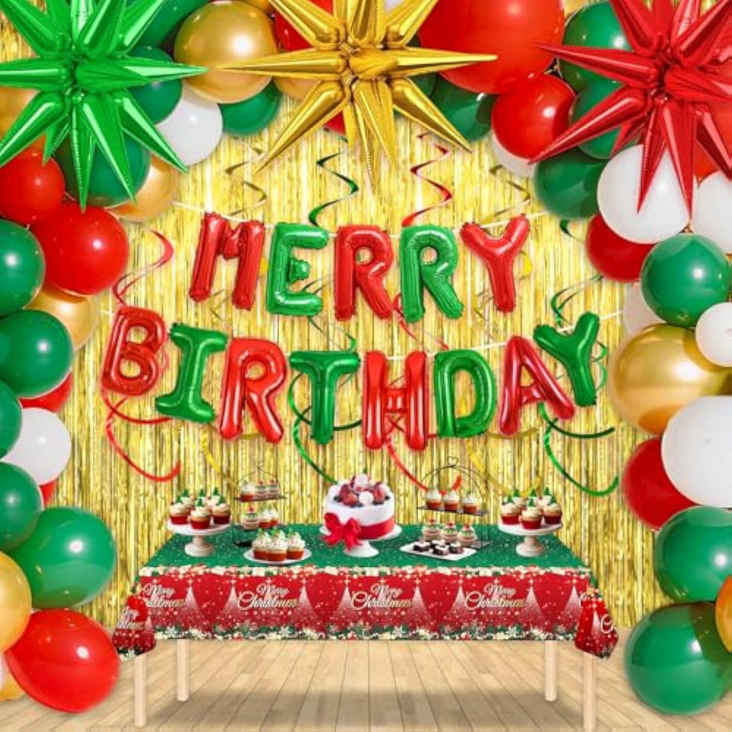 Merry Birthday Christmas Balloon Garland Red Green Gold Party Decor
