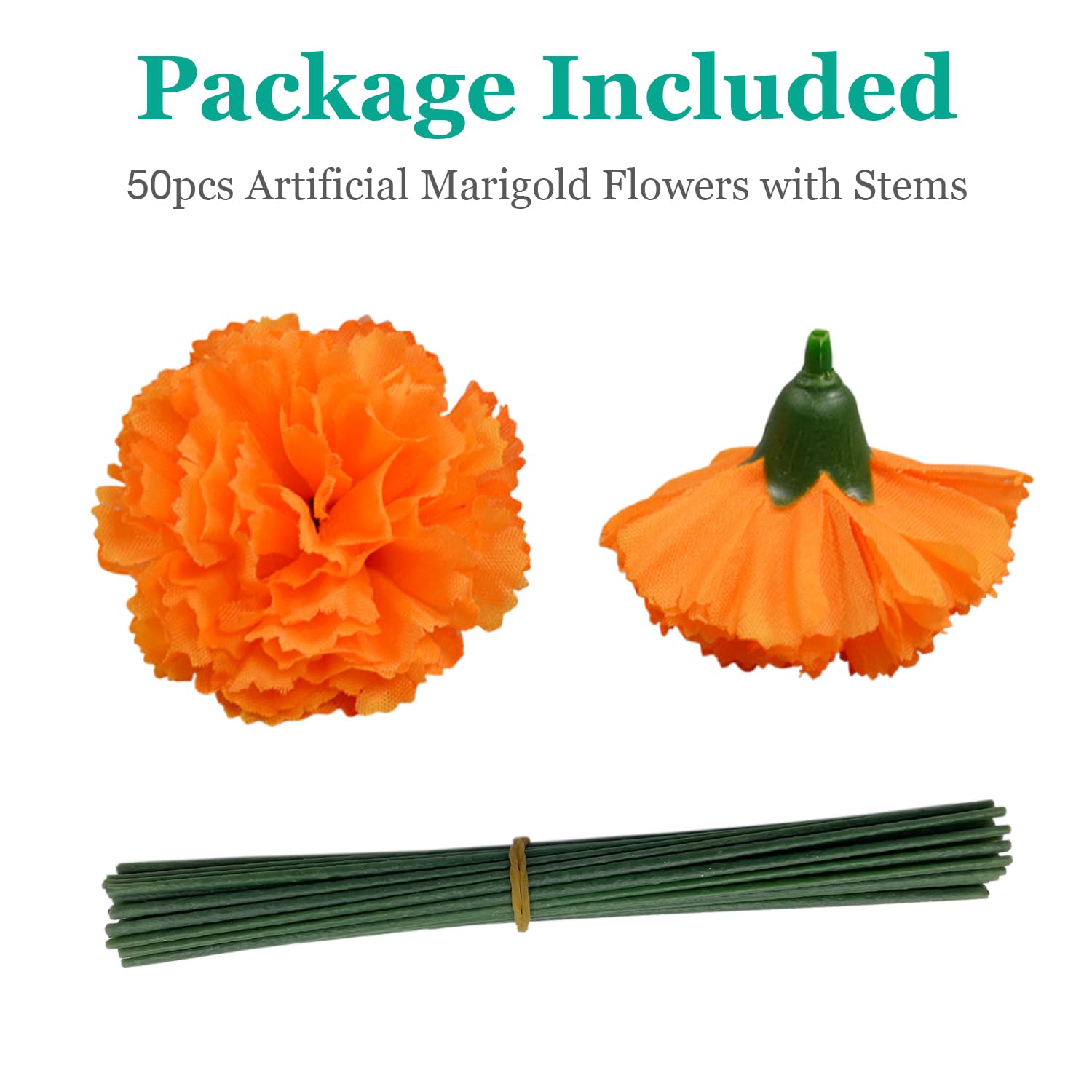 50Pcs Artificial Marigold Flowers, 2‘’ Silk Heads With Stems For Diwali, Indian Festival, Day Of The Dead Dia De Los Muertos, Mexican Party, Halloween, Altar Diy Decor