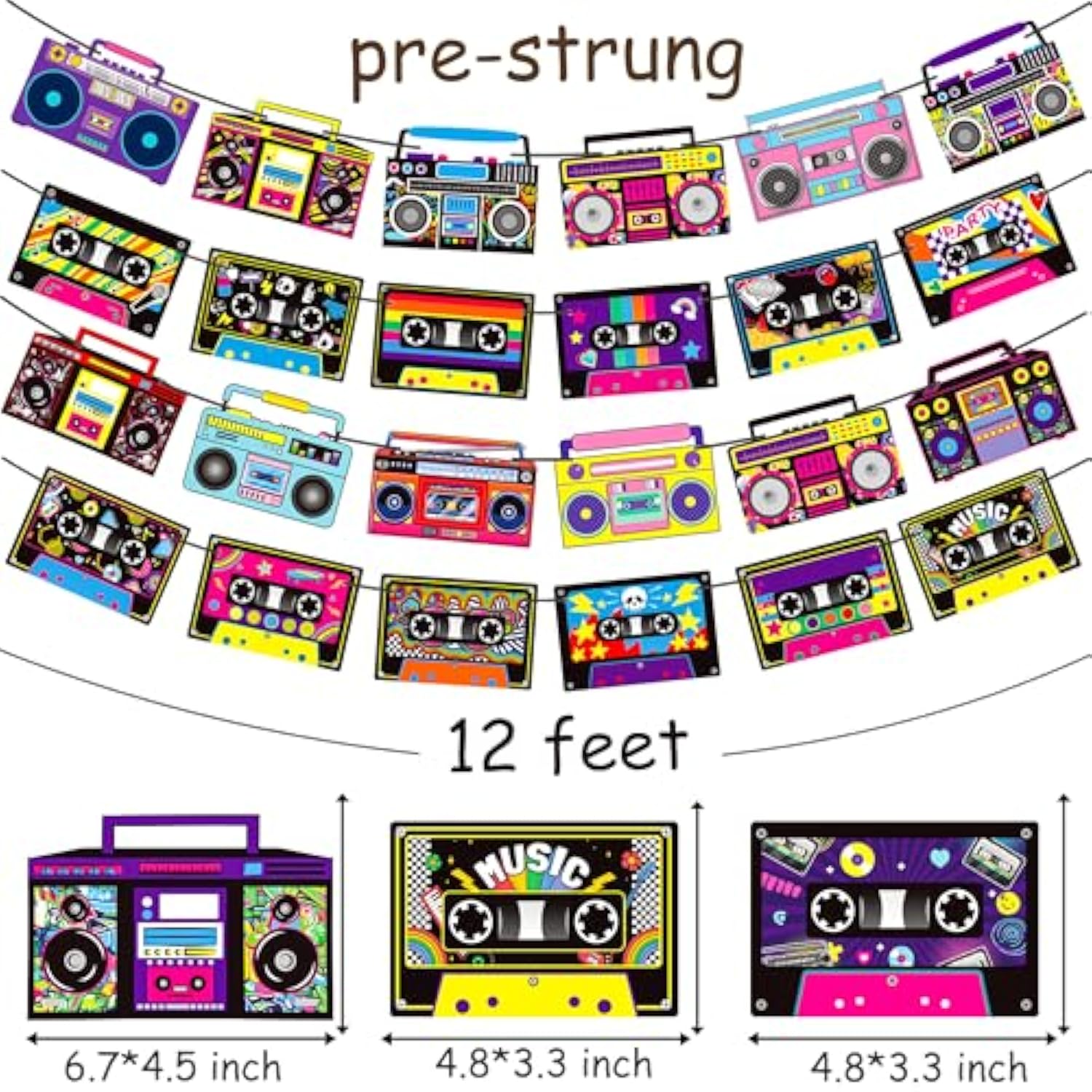 4 Pcs Cassette Tape & Boombox Banners for 80s/90s Music Parties