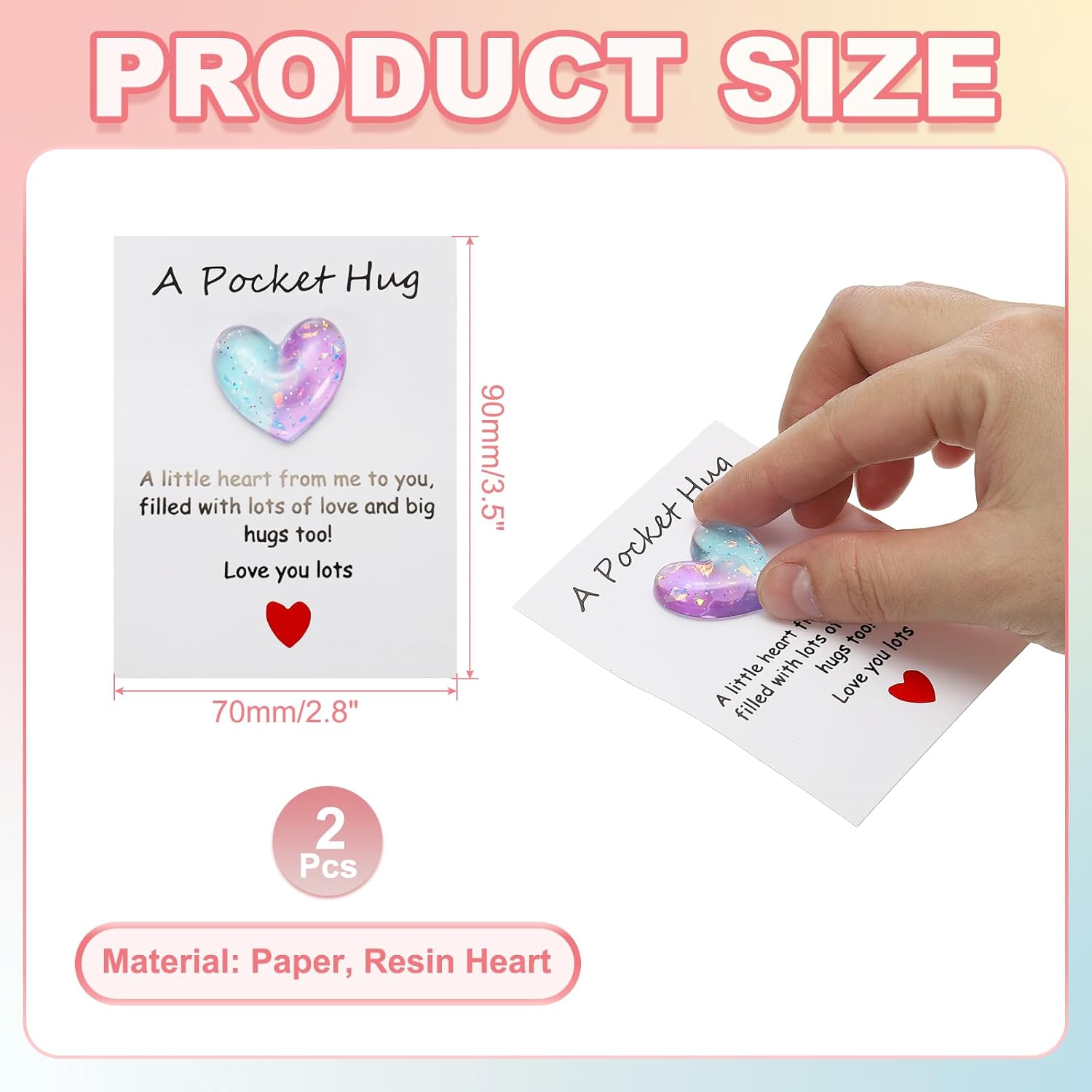 2 Pack Pocket Hug Heart With Greeting Card, Pocket Hug Token Love Cards Cute A Little Resin Heart Shape Bulk For Friends Long Distance Relationship Gifts, Blue Purple