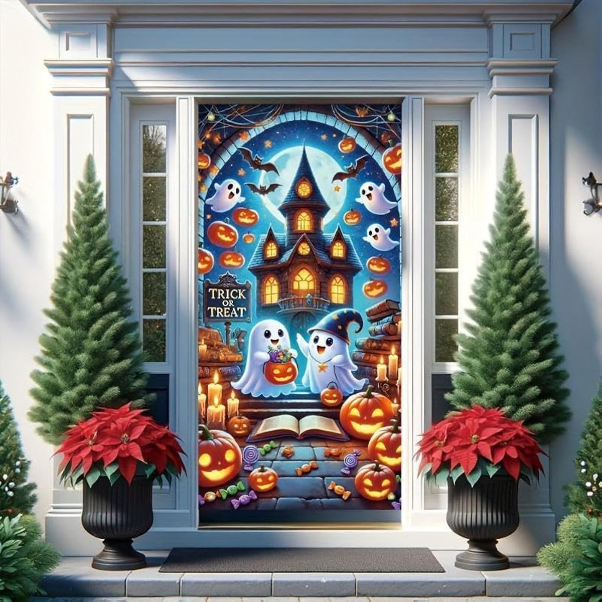 Halloween Banner 71x35 Inch Cute Ghost Pumpkin Trick or Treat Haunted Backdrop