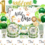 Wild One Birthday Decorations - Jungle Theme Party Supplies Tableware Includes Plates, Cup, Napkin, Balloon, Backdrop, Tablecloth, Straw, Cutlery, Banner, Safari Theme 1St Birthday Decorations