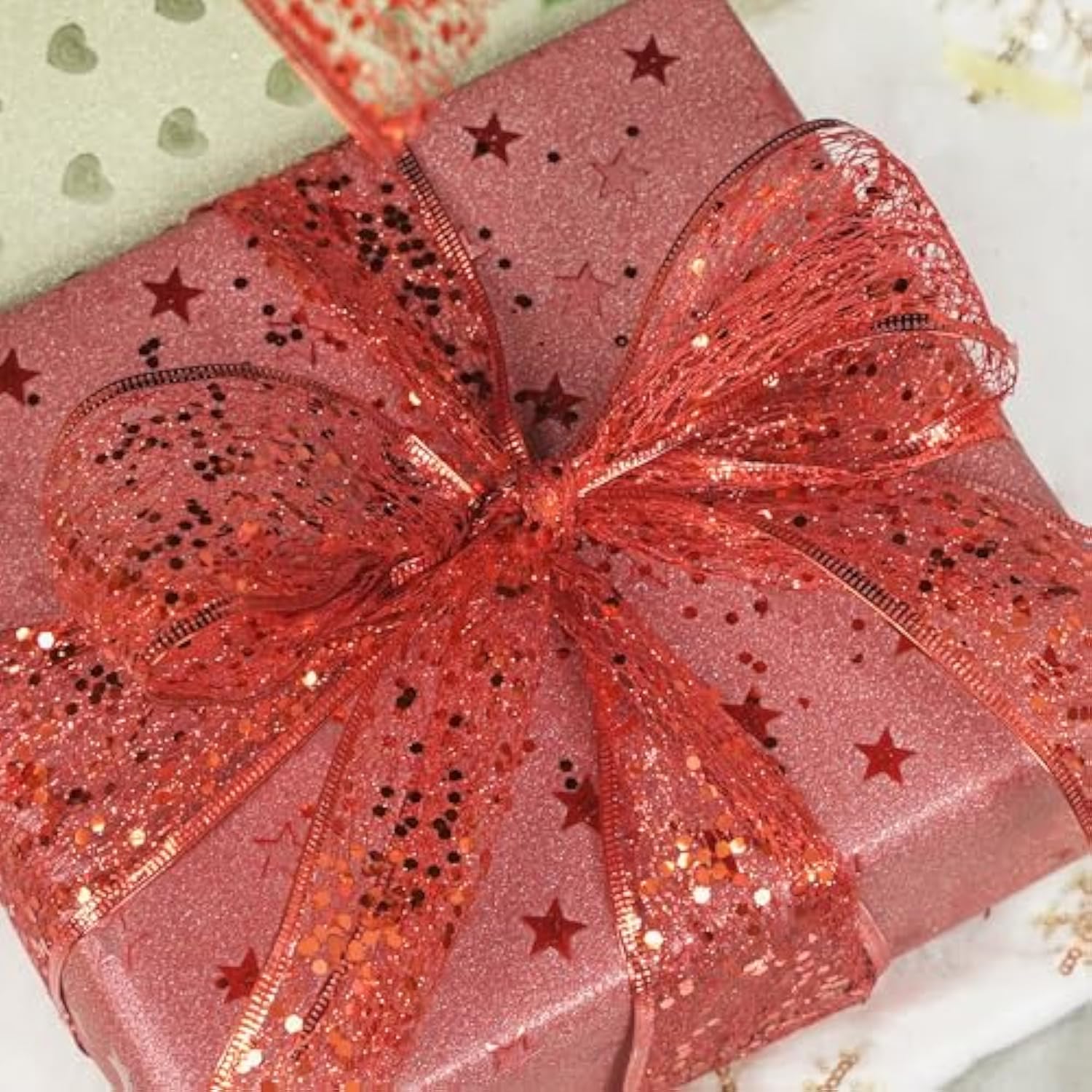 Glitter Wire Mesh Ribbon With Sparkle Red Metallic Ribbon For Christmas Tree Decoration, Garland, Wreath Bow Making (25 Yards)