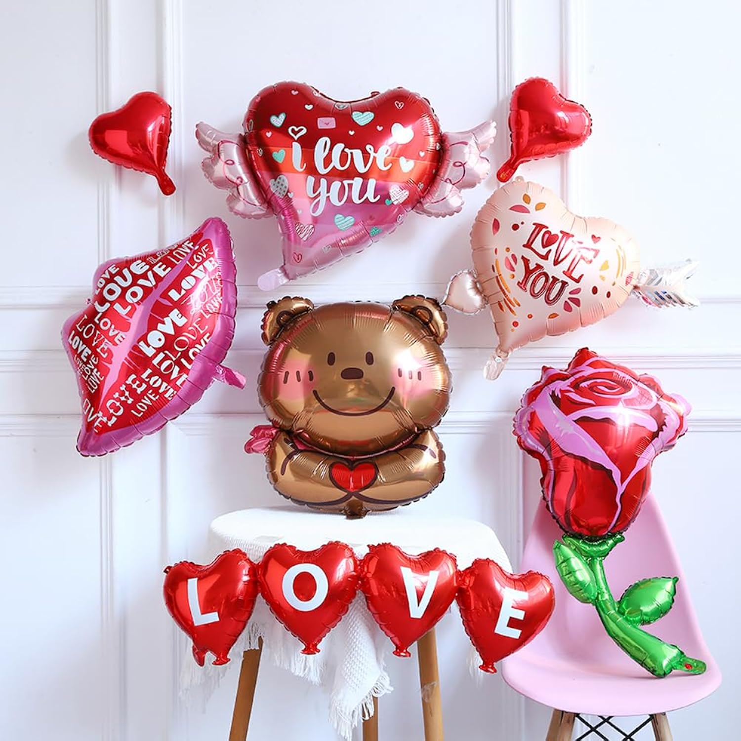 Valentines Day Decorations With Red Heart Balloons And Love Balloon, 13Pcs Rose Flower Bear Heart Foil Balloons For Wedding Anniversary Romantic I Love You Decorations