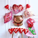 Valentines Day Decorations With Red Heart Balloons And Love Balloon, 13Pcs Rose Flower Bear Heart Foil Balloons For Wedding Anniversary Romantic I Love You Decorations