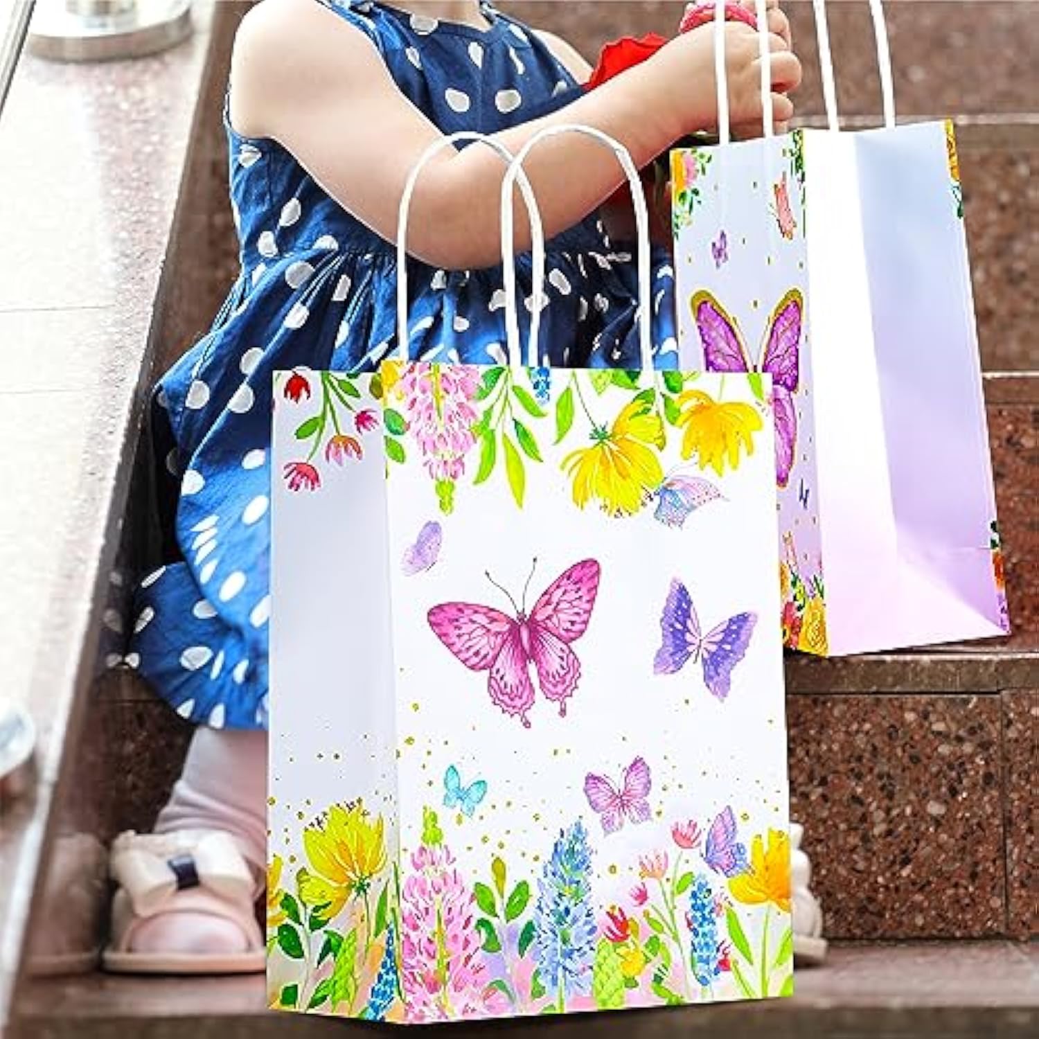 24 Pack Butterfly Gift Bags With Tissue Paper Bags With Handles, 8.7'' Small Gift Bag Party Bags For Kids Birthday, Mothers Day, Bridal Showers, Baby Showers