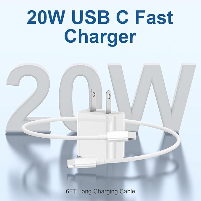 20W USB C Fast Charger with 10FT USB C to C Cable for iPhone 17 16 15 iPad Samsung