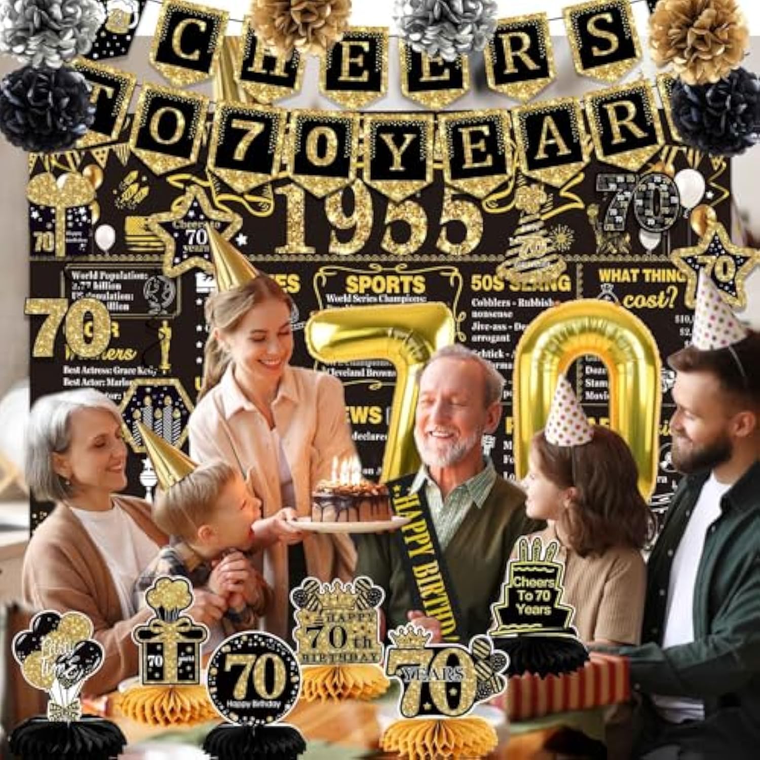 70Th Birthday Decorations For Men Women,24Pcs 1955 Banner Decorations,Including Banner,6Honeycomb Topper,70 Balloons,Anniversary Card,Cheers To 70 Years Banner,7 Hanging Swirl,6 Paper Poms,Sash