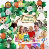 Safari Birthday Decor Set Jungle Backdrop, Animal Balloons & Green Garland