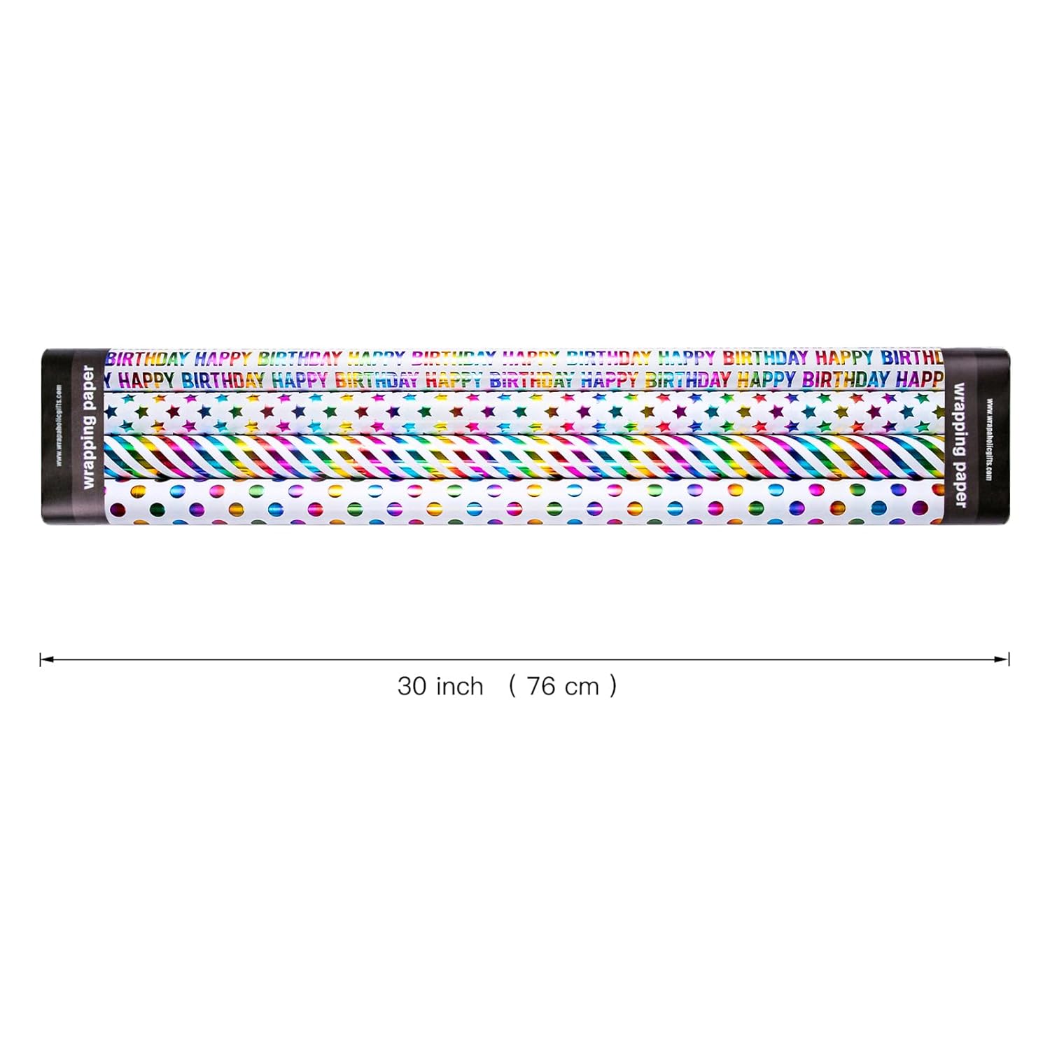 30 Inch Birthday Wrapping Paper Roll - Colorful Foil Happy Bday Design For Birthday, Wedding, Baby Shower - 4 Rolls - 30 Inch X 120 Inch Per Roll