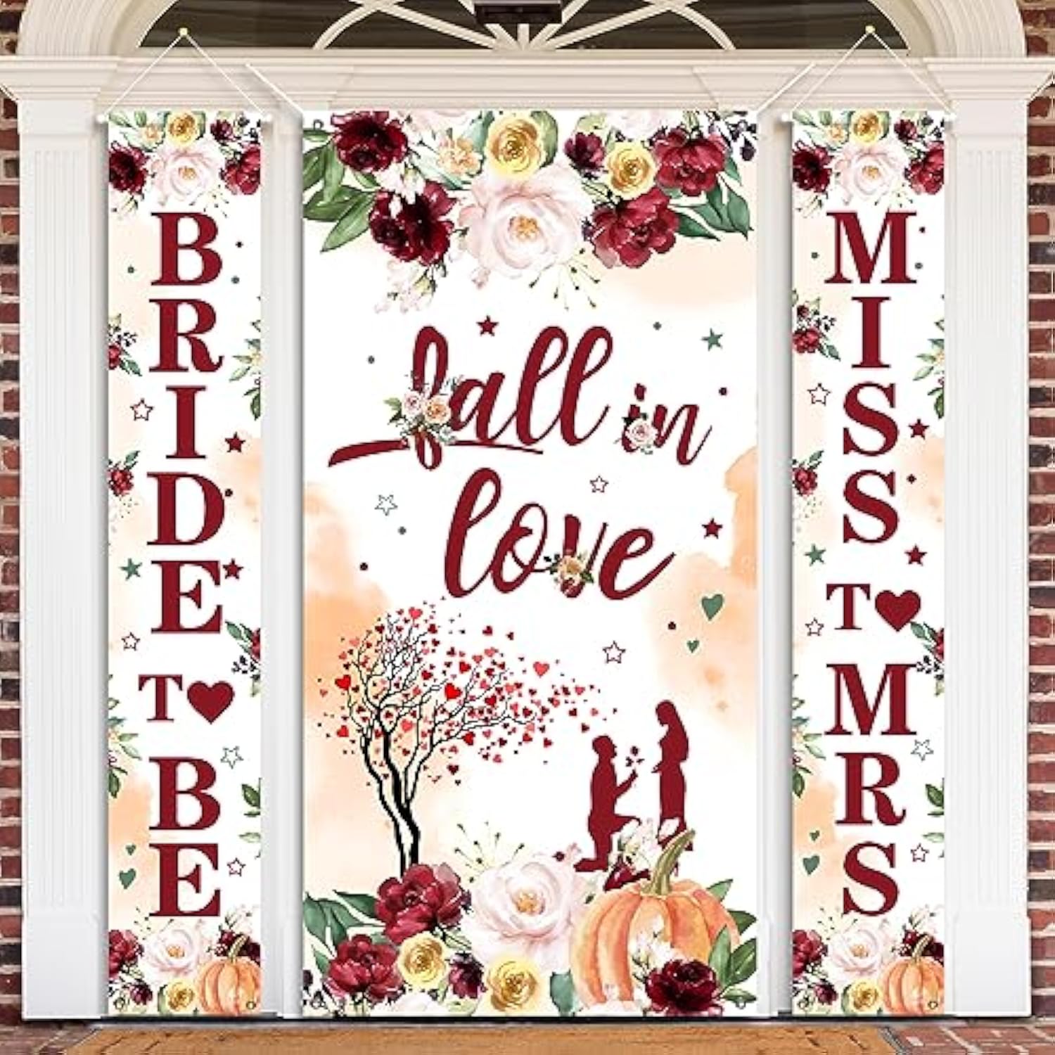 3 Pcs Fall Banner Set - Bridal Shower Decorations Autumn Floral Little Pumpkin Door Cover Backdrop For Fall Theme Wedding Bachelorette Engagement Bride To Be Valentines Day Party Supplies