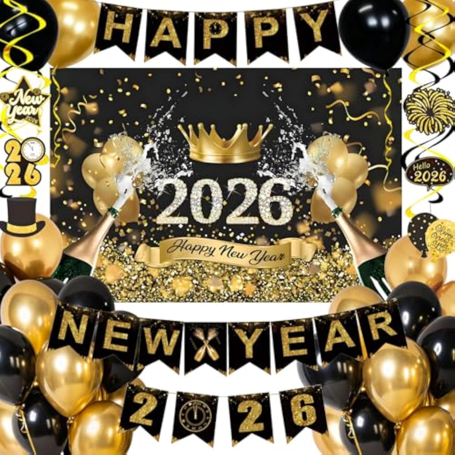 New Year 2026 Party Banner Backdrop Balloons and Hanging Swirls