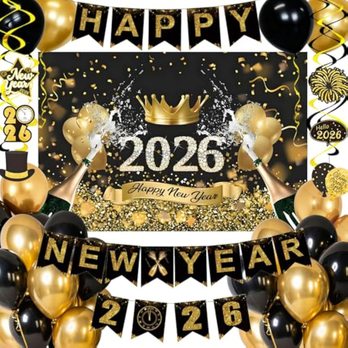 New Year 2026 Party Banner Backdrop Balloons and Hanging Swirls