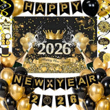 New Year 2026 Party Banner Backdrop Balloons and Hanging Swirls