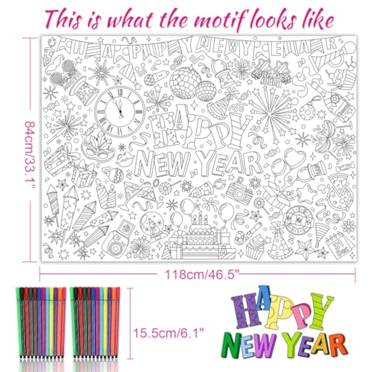 Happy New Year 2026 Coloring Poster with Paint Pens for Kids Parties