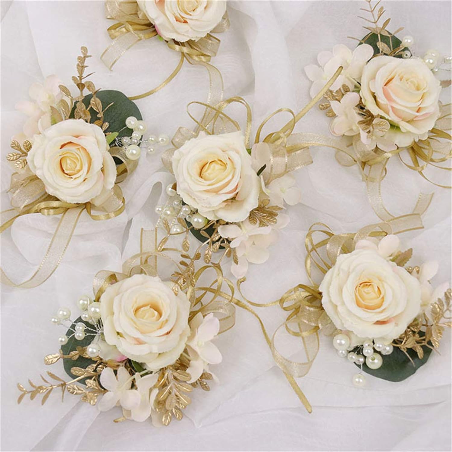 2Pc Pack-Handmade Artificial Flower Rose With Gold Leaves Ribbons Artificial Pearls Wrist Corsage Hand Flower With Elastic Wristband For Girl Bridesmaid Wedding Party Prom (Wrist Corsage)