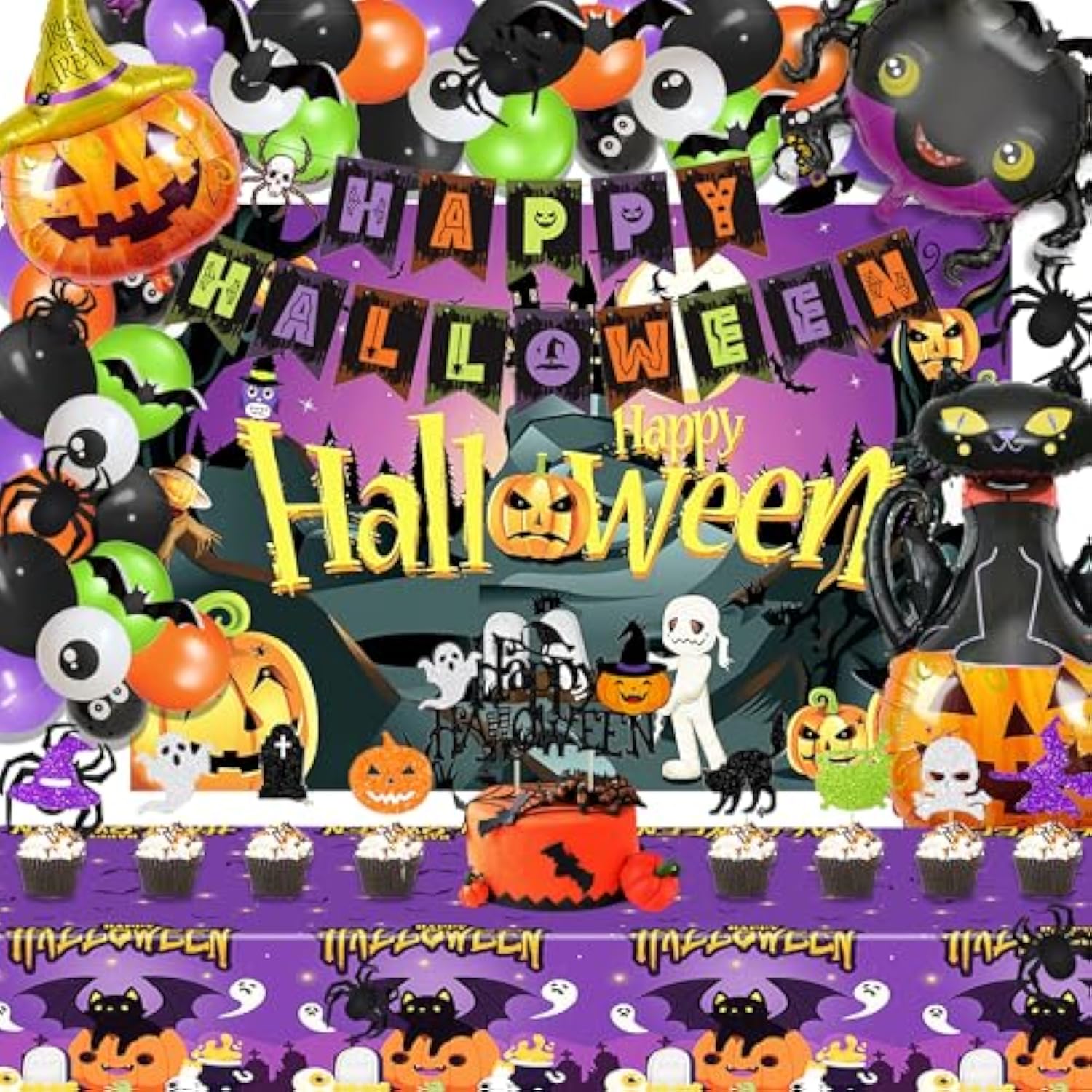 110 Pc Halloween Party Decoration Kit – Banner, Balloons, Tablecloth, Cutouts & Cake Supplies for Birthday