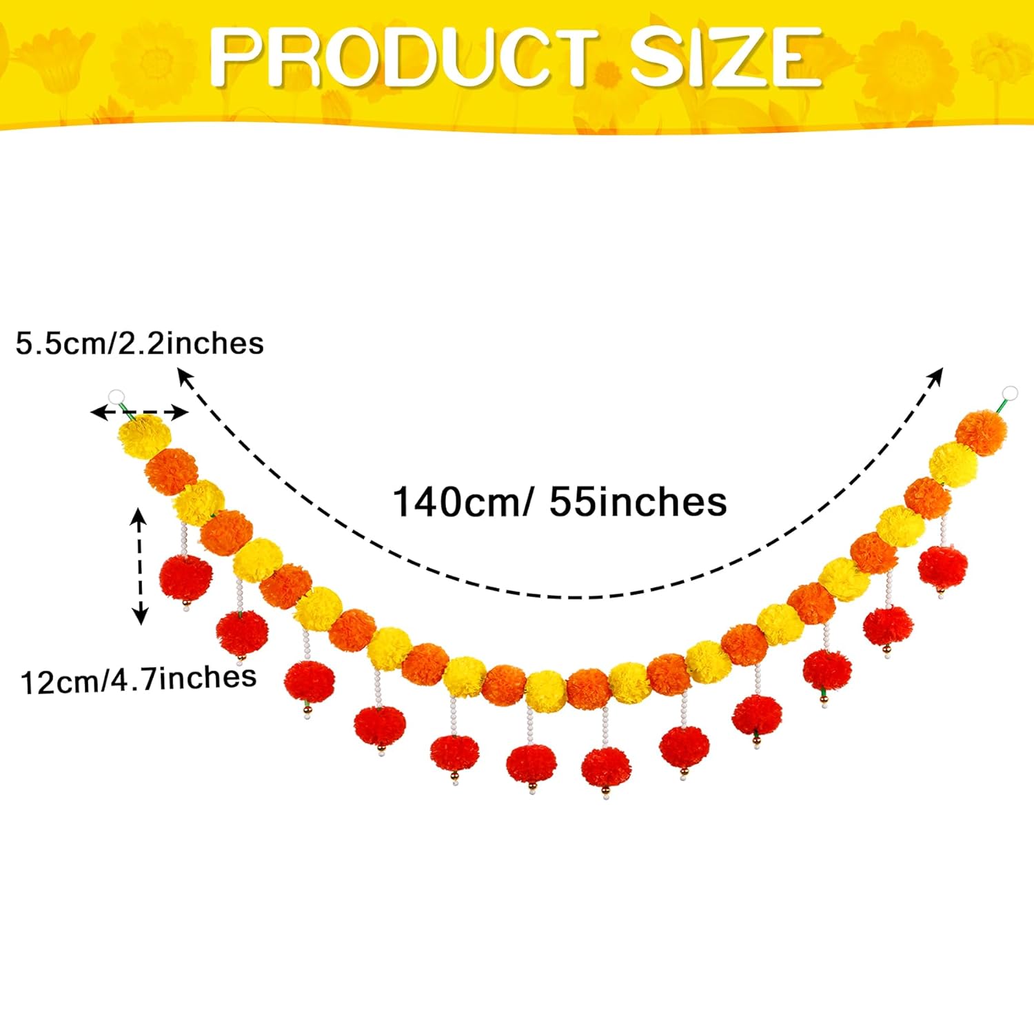Diwali Artificial Marigold Garland With Pearls For Mantel, Pendant For Home Indian Wedding Party, Long Strands Marigold Flower Hanging For All Year Decoration