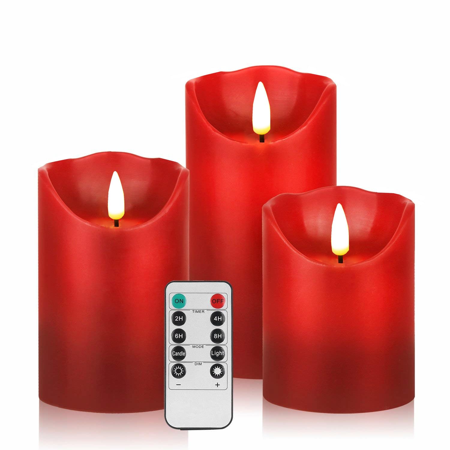 3 Pack Red Flickering Flameless Candle Set, Battery Operated Candles With 10-Key Remote Control, Electric Pillar Candle With Timer, Dancing Flames Real Wax Fake Candle For Festive Celebrations