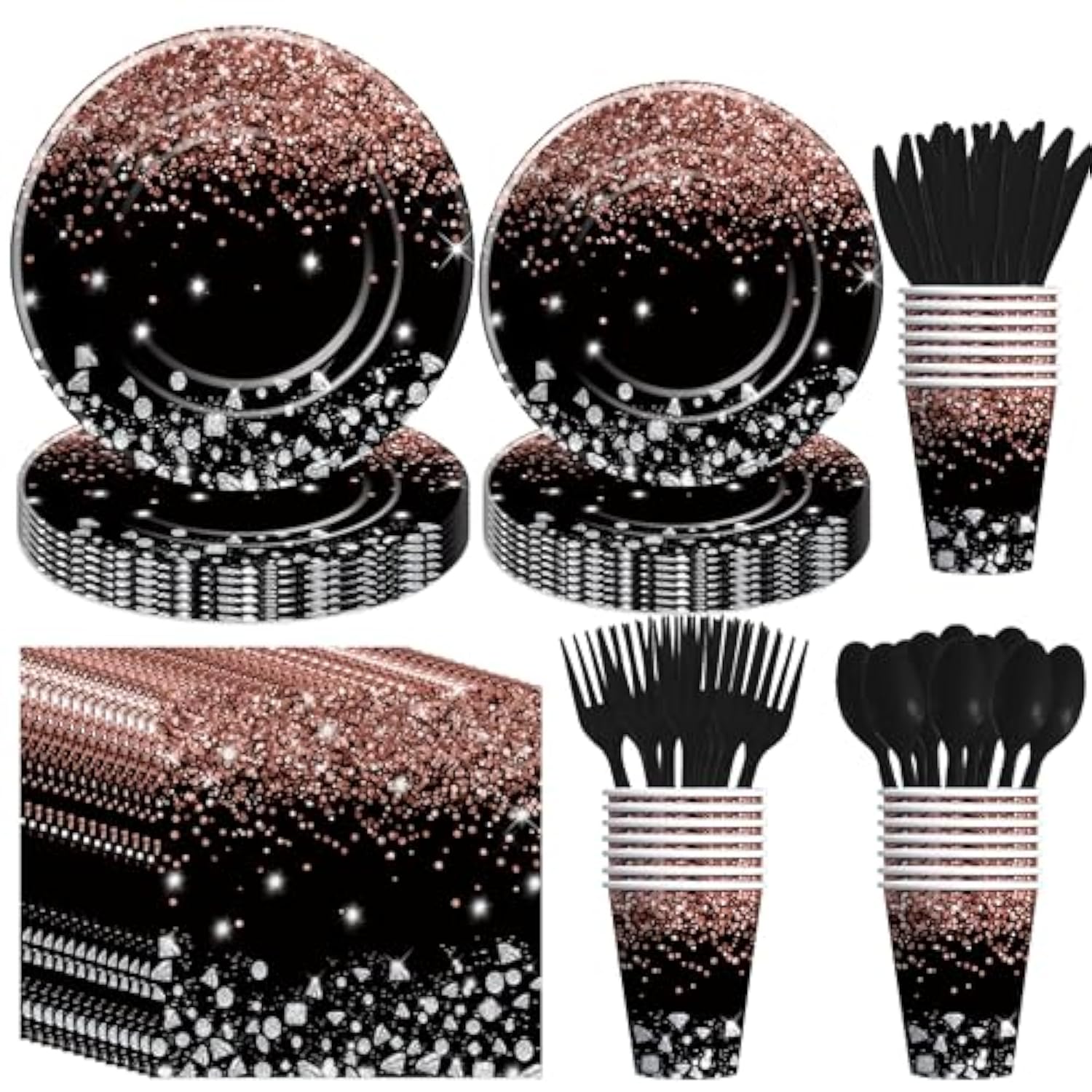 Rose Gold And Black Party Decorations Tableware - Glitter Diamond Theme Rose Gold Party Supplies For Wedding Bridal Shower Birthday, Paper Plate, Cup, Napkin, Cutlery | Serves 24