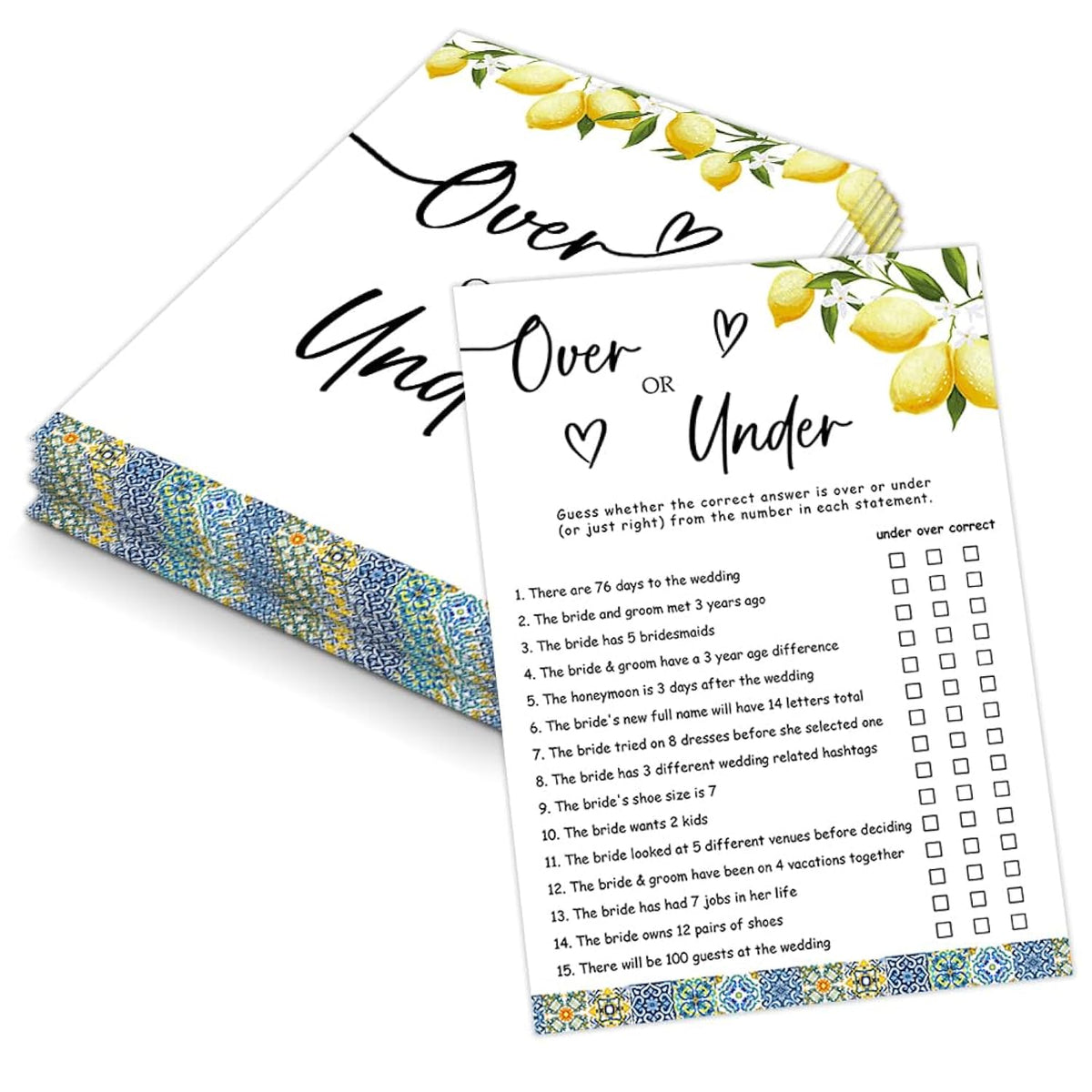 Blue Tiles And Lemons Over Or Under Game For 30 Guests With Game Cards, Lemons Bridal Shower Game, Modern Bridal Shower Decorations, Wedding Shower Or Bachelorette Party Supplies - 02
